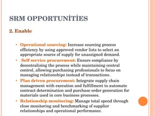 SRM OPPORTUNİTİES 2. Enable Operational sourcing :   Increase sourcing process efficiency by using approved vendor lists to select an appropriate   source of supply for unassigned demand . Self service procurement :  Ensure compliance by decentralizing the process while maintaining central control, allowing   purchasing professionals to focus on managing relationships instead   of transactions . Plan driven procurement :  Integrate supply chain management with execution and fulfillment to automate contract   determination and purchase order generation for materials used in core   business processes . Relationship monitoring :  Manage total spend through close monitoring and benchmarking of supplier relationships   and operational performance . 