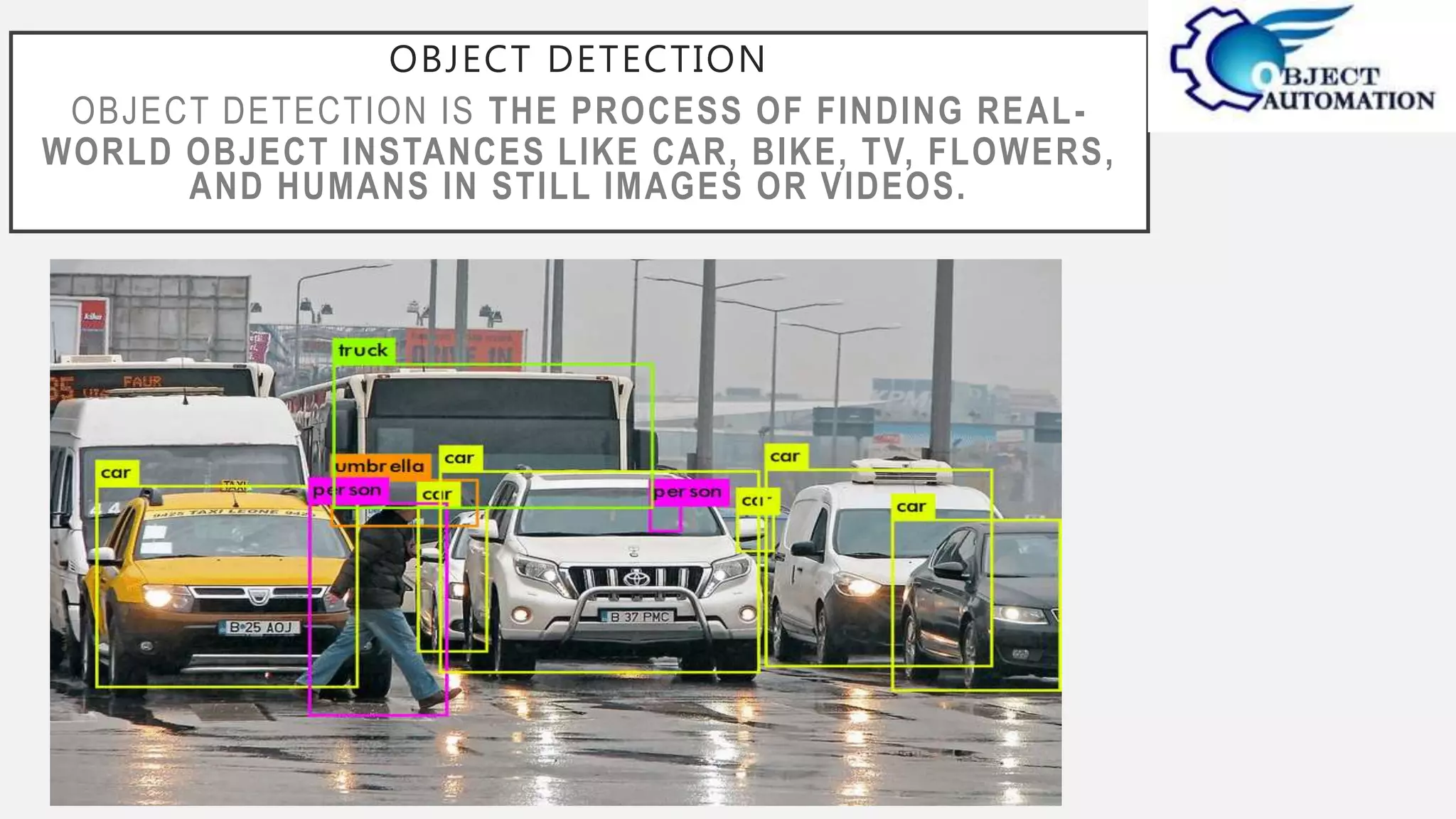 OBJECT DETECTION
OBJECT DETECTION IS THE PROCESS OF FINDING REAL-
WORLD OBJECT INSTANCES LIKE CAR, BIKE, TV, FLOWERS,
AND HUMANS IN STILL IMAGES OR VIDEOS.
 