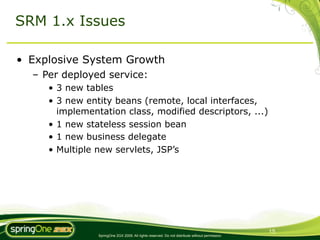 SRM 1.x Issues

• Explosive System Growth
  – Per deployed service:
     • 3 new tables
     • 3 new entity beans (remote, local interfaces,
       implementation class, modified descriptors, ...)
     • 1 new stateless session bean
     • 1 new business delegate
     • Multiple new servlets, JSP’s




                                                                                                 15
                SpringOne 2GX 2009. All rights reserved. Do not distribute without permission.
 