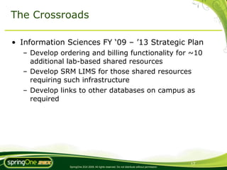 The Crossroads

• Information Sciences FY ‘09 – ’13 Strategic Plan
  – Develop ordering and billing functionality for ~10
    additional lab-based shared resources
  – Develop SRM LIMS for those shared resources
    requiring such infrastructure
  – Develop links to other databases on campus as
    required




                                                                                                17
               SpringOne 2GX 2009. All rights reserved. Do not distribute without permission.
 