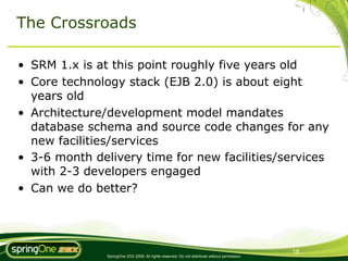 The Crossroads

• SRM 1.x is at this point roughly five years old
• Core technology stack (EJB 2.0) is about eight
  years old
• Architecture/development model mandates
  database schema and source code changes for any
  new facilities/services
• 3-6 month delivery time for new facilities/services
  with 2-3 developers engaged
• Can we do better?




                                                                                                18
               SpringOne 2GX 2009. All rights reserved. Do not distribute without permission.
 