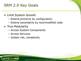 SRM 2.0 Key Goals

• Limit System Growth
  – Extend primarily by configuration
  – Extend secondarily by new/modified code
• True Modularity
  – Across System Components
  – Across Services
  – Isolate risk, complexity




                                                                                               19
              SpringOne 2GX 2009. All rights reserved. Do not distribute without permission.
 