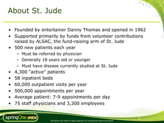About St. Jude

• Founded by entertainer Danny Thomas and opened in 1962
• Supported primarily by funds from volunteer contributions
  raised by ALSAC, the fund-raising arm of St. Jude
• 500 new patients each year
    – Must be referred by physician
    – Generally 18 years old or younger
    – Must have disease currently studied at St. Jude
•   4,300 “active” patients
•   58 inpatient beds
•   60,000 outpatient visits per year
•   500,000 appointments per year
•   Average patient: 7-9 appointments per day
•   75 staff physicians and 3,300 employees


                                                                                                     4
                    SpringOne 2GX 2009. All rights reserved. Do not distribute without permission.
 