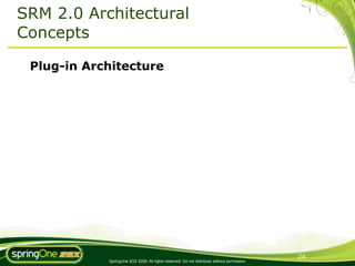 SRM 2.0 Architectural
Concepts

 Plug-in Architecture




                                                                                             24
            SpringOne 2GX 2009. All rights reserved. Do not distribute without permission.
 