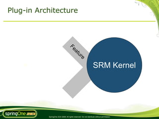 Plug-in Architecture




                                    Fe
                                         at
                                             ur
                                                 e
    25
                                                                  SRM Kernel




           SpringOne 2GX 2009. All rights reserved. Do not distribute without permission.
 