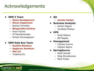 Acknowledgements

• SRM 2 Team                                                    • QA
   –   Rama Gundapaneni                                                    – Asmita Vaidya
   –   Simon Hagstroem                                          • Business Analysts
   –   Roshan Shrestha                                                     – Ashish Pagare
   –   Bhagavathy Krishna                                                  – Sundeep Shakya
   –   Kiran Putcha                                             • OPS
   –   JP Davaleswarapu                                                    – Scott Malone
   –   Dinesh Devasagayam                                                  – Bill Pappas
                                                                • Management
• SRM Data Bus Team
                                                                           – Charles Hurmiz
   –   Swetha Mandava
                                                                           – Clayton Naeve
   –   Raghuver Kontham
                                                                • SpringSource
   –   Wei Cai
                                                                           – Keith Donald
   –   Yingliang Du
                                                                           – Oleg Zhurakousky
                                                                           – Mark Fisher



                                                                                                     41
                    SpringOne 2GX 2009. All rights reserved. Do not distribute without permission.
 