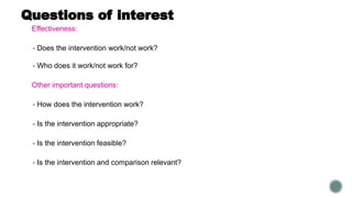 Questions of interest
Effectiveness:
▪ Does the intervention work/not work?
▪ Who does it work/not work for?
Other important questions:
▪ How does the intervention work?
▪ Is the intervention appropriate?
▪ Is the intervention feasible?
▪ Is the intervention and comparison relevant?
 