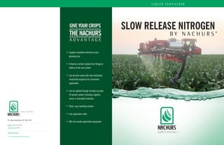SLOW RELEASE NITROGEN 
B Y N A C H U R S ® 
421 Leader Street, Marion, OH 43302 USA 
800-622-4877 TOLL FREE 
740-382-5701 OFFICE 
www.nachurs.com 
© 2013. NACHURS ALPINE SOLUTIONS. All rights reserved. 
GIVE YOUR CROPS 
THE NACHURS 
A D V A N T A G E 
• Supplies available nutrients to your 
growing crop 
• Enhances nutrient uptake from foliage to 
bottom of the root system 
• Can be tank mixed with most herbicide/ 
insecticide programs for convenient 
application 
• Can be applied through virtually any type 
of sprayer system including irrigation, 
aerial, or transplant solutions 
• Clean, easy handling solution 
• Low application rates 
• Will not corrode application equipment 
l i quid f erti l i z er 
 
