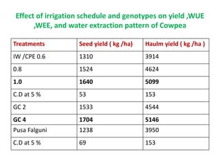 Effect of irrigation schedule and genotypes on yield ,WUE
,WEE, and water extraction pattern of Cowpea
Treatments Seed yield ( kg /ha) Haulm yield ( kg /ha )
IW /CPE 0.6 1310 3914
0.8 1524 4624
1.0 1640 5099
C.D at 5 % 53 153
GC 2 1533 4544
GC 4 1704 5146
Pusa Falguni 1238 3950
C.D at 5 % 69 153
 