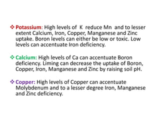 Potassium: High levels of K reduce Mn and to lesser
extent Calcium, Iron, Copper, Manganese and Zinc
uptake. Boron levels can either be low or toxic. Low
levels can accentuate Iron deficiency.
Calcium: High levels of Ca can accentuate Boron
deficiency. Liming can decrease the uptake of Boron,
Copper, Iron, Manganese and Zinc by raising soil pH.
Copper: High levels of Copper can accentuate
Molybdenum and to a lesser degree Iron, Manganese
and Zinc deficiency.
 