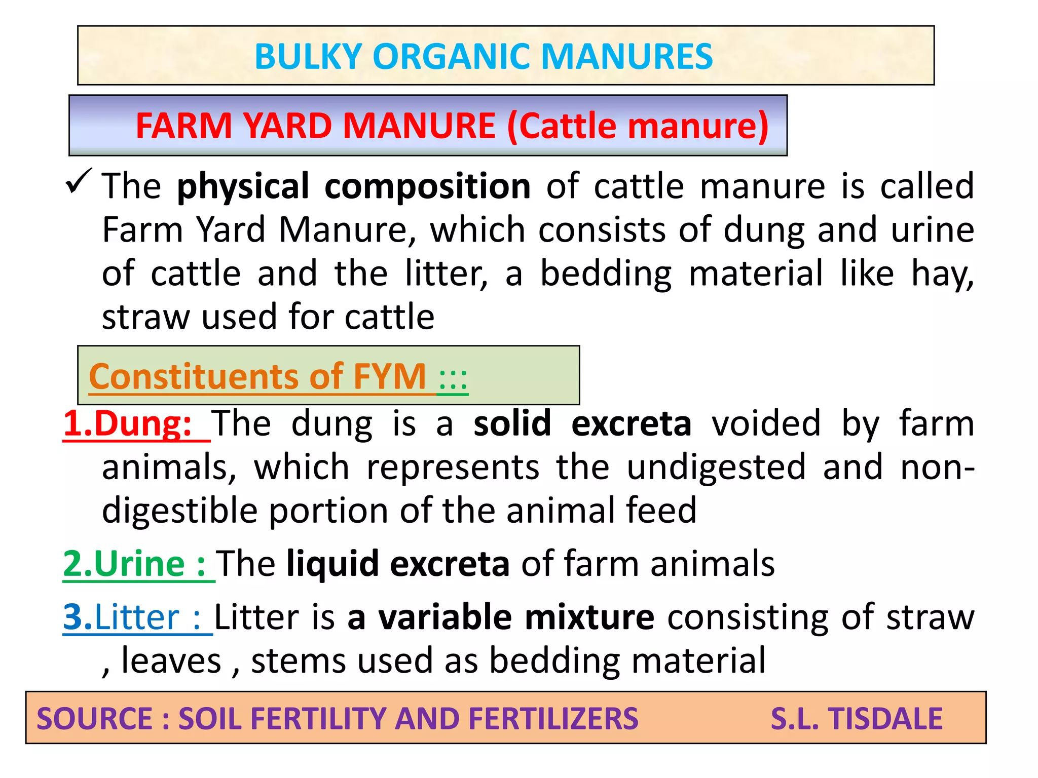  The physical composition of cattle manure is called
Farm Yard Manure, which consists of dung and urine
of cattle and the litter, a bedding material like hay,
straw used for cattle
1.Dung: The dung is a solid excreta voided by farm
animals, which represents the undigested and non-
digestible portion of the animal feed
2.Urine : The liquid excreta of farm animals
3.Litter : Litter is a variable mixture consisting of straw
, leaves , stems used as bedding material
FARM YARD MANURE (Cattle manure)
Constituents of FYM :::
SOURCE : SOIL FERTILITY AND FERTILIZERS S.L. TISDALE
BULKY ORGANIC MANURES
 