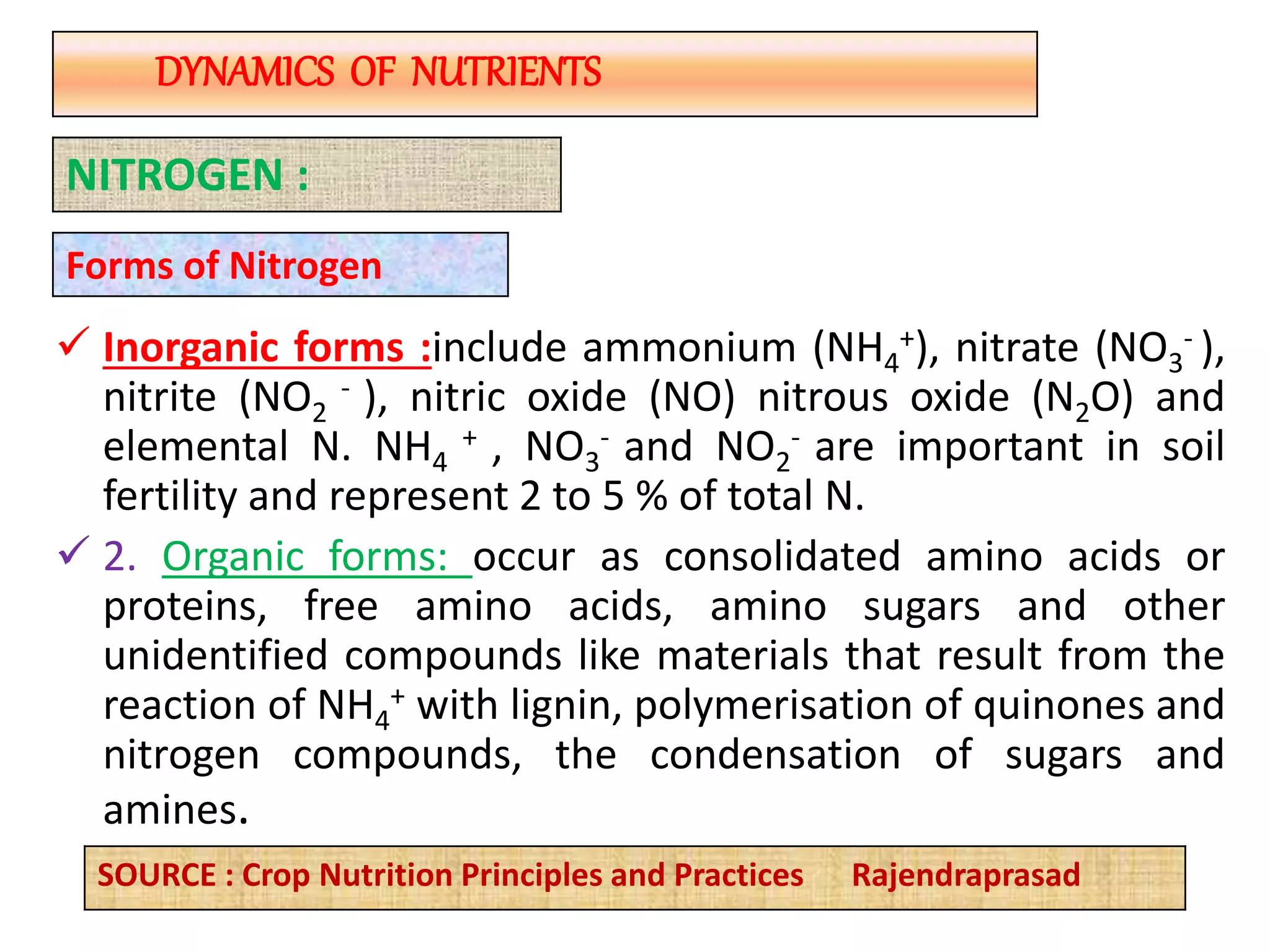  Inorganic forms :include ammonium (NH4
+), nitrate (NO3
- ),
nitrite (NO2
- ), nitric oxide (NO) nitrous oxide (N2O) and
elemental N. NH4
+ , NO3
- and NO2
- are important in soil
fertility and represent 2 to 5 % of total N.
 2. Organic forms: occur as consolidated amino acids or
proteins, free amino acids, amino sugars and other
unidentified compounds like materials that result from the
reaction of NH4
+ with lignin, polymerisation of quinones and
nitrogen compounds, the condensation of sugars and
amines.
DYNAMICS OF NUTRIENTS
NITROGEN :
Forms of Nitrogen
SOURCE : Crop Nutrition Principles and Practices Rajendraprasad
 