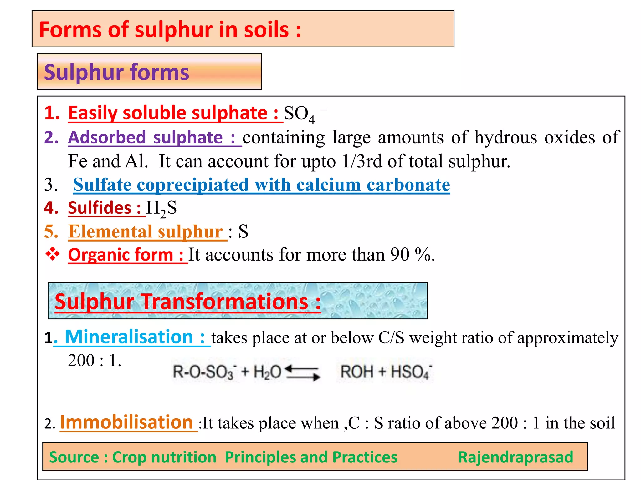 Sulphur forms
Forms of sulphur in soils :
1. Easily soluble sulphate : SO4
=
2. Adsorbed sulphate : containing large amounts of hydrous oxides of
Fe and Al. It can account for upto 1/3rd of total sulphur.
3. Sulfate coprecipiated with calcium carbonate
4. Sulfides : H2S
5. Elemental sulphur : S
 Organic form : It accounts for more than 90 %.
1. Mineralisation : takes place at or below C/S weight ratio of approximately
200 : 1.
2. Immobilisation :It takes place when ,C : S ratio of above 200 : 1 in the soil
Sulphur Transformations :
Source : Crop nutrition Principles and Practices Rajendraprasad
 