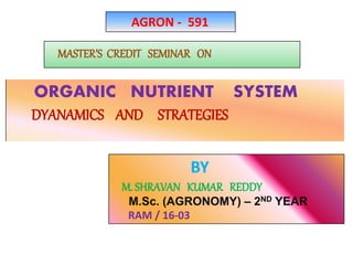ORGANIC NUTRIENT SYSTEM
DYANAMICS AND STRATEGIES
MASTER’S CREDIT SEMINAR ON
BY
M. SHRAVAN KUMAR REDDY
M.Sc. (AGRONOMY) – 2ND YEAR
RAM / 16-03
AGRON - 591
 