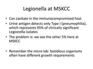 Legionella at MSKCC
• Can cavitate in the immunocompromised host
• Urine antigen detects only Type I (pneumophilia),
which represents 95% of clinically significant
Legionella isolates
• The problem is: we see the other 5% here at
MSKCC
• Remember the micro lab: fastidious organisms
often have different growth requirements
 