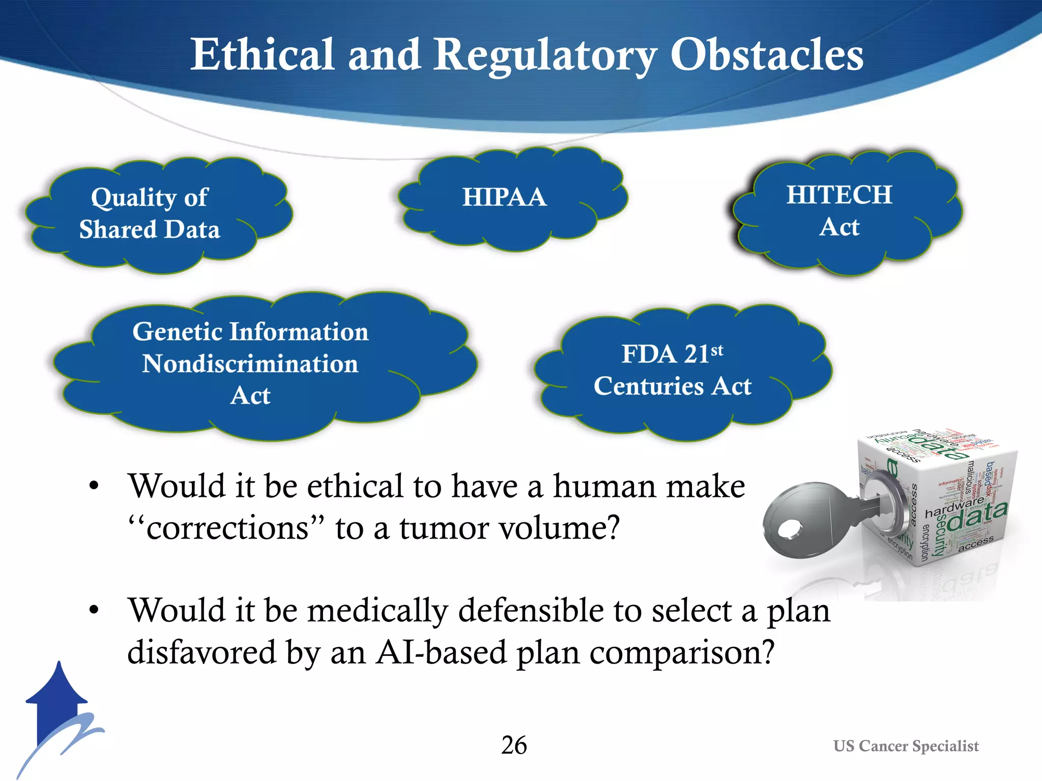 Ethical and Regulatory Obstacles
• Would it be ethical to have a human make
‘‘corrections” to a tumor volume?
• Would it be medically defensible to select a plan
disfavored by an AI-based plan comparison?
26 US Cancer Specialist
 