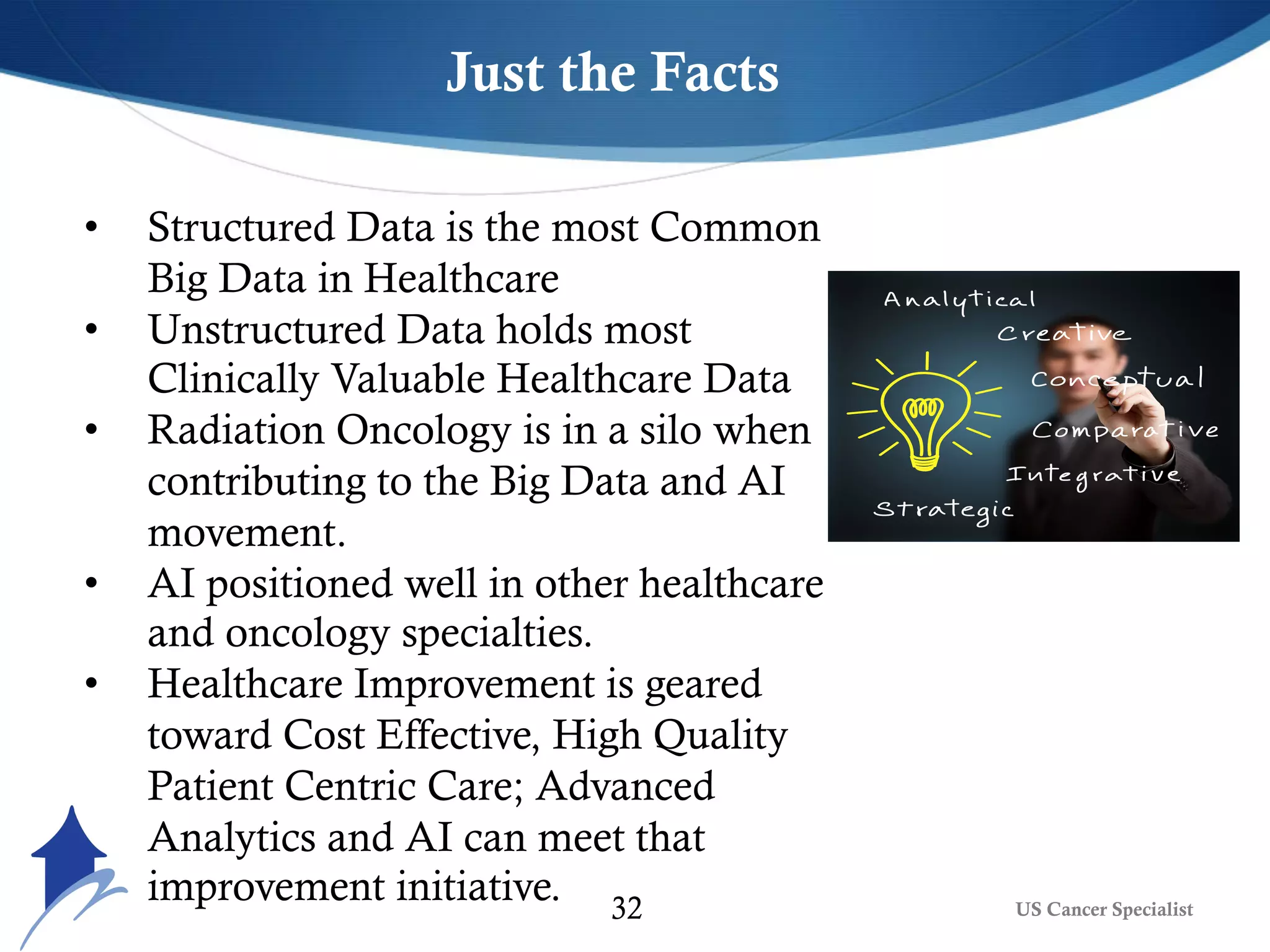 US Cancer Specialist32
Just the Facts
• Structured Data is the most Common
Big Data in Healthcare
• Unstructured Data holds most
Clinically Valuable Healthcare Data
• Radiation Oncology is in a silo when
contributing to the Big Data and AI
movement.
• AI positioned well in other healthcare
and oncology specialties.
• Healthcare Improvement is geared
toward Cost Effective, High Quality
Patient Centric Care; Advanced
Analytics and AI can meet that
improvement initiative.
 