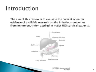 The aim of this review is to evaluate the current scientific
evidence of available research on the infectious outcomes
from immunonutrition applied in major UGI surgical patients.




                               NUTR590: Gastrointestinal
                                              Nutrition        4
 
