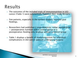    The outcomes of the included trials of immunonutrition in UGI
    cancer (Table 1) were substantially flawed in their study designs.

   Few patients, especially in the earliest studies, received goal
    feedings.

   Researchers had published 2 main protocols: either preoperative
    + postoperative nutrition with a control group or a
    postoperative-feeding only strategy without a control group.

   Table 1 displays a benefit of immunonutrition for infectious
    complications in UGI cancer patients undergoing surgery.




                                         NUTR590: Gastrointestinal
                                                        Nutrition        9
 