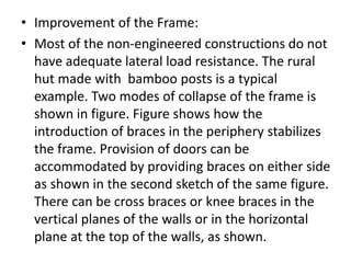 • Improvement of the Frame:
• Most of the non-engineered constructions do not
have adequate lateral load resistance. The rural
hut made with bamboo posts is a typical
example. Two modes of collapse of the frame is
shown in figure. Figure shows how the
introduction of braces in the periphery stabilizes
the frame. Provision of doors can be
accommodated by providing braces on either side
as shown in the second sketch of the same figure.
There can be cross braces or knee braces in the
vertical planes of the walls or in the horizontal
plane at the top of the walls, as shown.
 