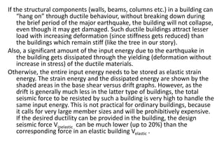 If the structural components (walls, beams, columns etc.) in a building can
“hang on” through ductile behaviour, without breaking down during
the brief period of the major earthquake, the building will not collapse,
even though it may get damaged. Such ductile buildings attract lesser
load with increasing deformation (since stiffness gets reduced) than
the buildings which remain stiff (like the tree in our story).
Also, a significant amount of the input energy due to the earthquake in
the building gets dissipated through the yielding (deformation without
increase in stress) of the ductile materials.
Otherwise, the entire input energy needs to be stored as elastic strain
energy. The strain energy and the dissipated energy are shown by the
shaded areas in the base shear versus drift graphs. However, as the
drift is generally much less in the latter type of buildings, the total
seismic force to be resisted by such a building is very high to handle the
same input energy. This is not practical for ordinary buildings, because
it calls for very large member sizes and will be prohibitively expensive.
If the desired ductility can be provided in the building, the design
seismic force Vinelastic can be much lower (up to 20%) than the
corresponding force in an elastic building Velastic .
 