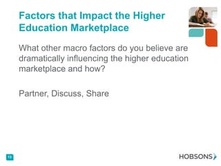 Factors that Impact the Higher
     Education Marketplace
     What other macro factors do you believe are
     dramatically influencing the higher education
     marketplace and how?

     Partner, Discuss, Share




13
 
