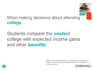 When making decisions about attending
     college…

     Students compare the costsof
     college with expected income gains
     and other benefits.


                        Office of the Under Secretary, U.S. Department of Education.
                        (1998). Factors Related to College Enrollment. Washington, DC:
                        The Department.
16
 