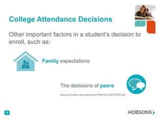 College Attendance Decisions

     Other important factors in a student’s decision to
     enroll, such as:


                 Family expectations



                        The decisions of peers
                        theop.princeton.edu/reports/wp/Fletcher%20THEOP.pdf




18
 