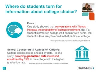 Where do students turn for
     information about college choice?

                            Peers:
                            One study showed that conversations with friends
                            increase the probability of college enrollment. But if a
                            student’s preferred college isn’t popular with peers, the
                            student is less likely to enroll in that particular college.
                                                        theop.princeton.edu/reports/wp/Fletcher%20THEOP.pdf




     School Counselors & Admission Officers:
     College choice can be shaped by data. In one
     study, providing graduation data increased
     enrollment by 15% in the college with the higher
     graduation rate. www.aei.org/papers/education/k-12/filling-in-the-blanks/
31
 