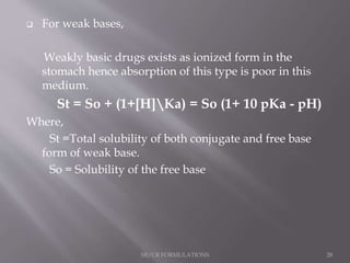  For weak bases,
Weakly basic drugs exists as ionized form in the
stomach hence absorption of this type is poor in this
medium.
St = So + (1+[H]Ka) = So (1+ 10 pKa - pH)
Where,
St =Total solubility of both conjugate and free base
form of weak base.
So = Solubility of the free base
SR/CR FORMULATIONS 28
 