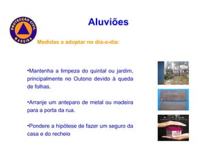 Mantenha a limpeza do quintal ou jardim, principalmente no Outono devido à queda de folhas. Arranje um anteparo de metal ou madeira para a porta da rua. Pondere a hipótese de fazer um seguro da casa e do recheio   Medidas a adoptar no dia-a-dia: Aluviões   
