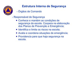 - Responsável de Segurança Conhece e mantém as condições de segurança da escola. Coopera na elaboração dos Planos de Prevenção e Emergência; Identifica e limita os riscos na escola; Avalia e coordena situações de emergência; Providencia para que haja segurança na escola. Estrutura Interna de Segurança - Órgãos de Comando 