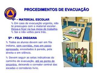 PROCEDIMENTOS DE EVACUAÇÃO 4º - MATERIAL ESCOLAR    Em caso de evacuação urgente, não te preocupes com o material escolar.  Deixa‐o ficar na tua mesa de trabalho .     Sai e não voltes para trás.    Todos os alunos devem sair em fila indiana,  sem corridas, mas em passo apressado , encostados à parede, pela direita e em silêncio. 5º - FILA INDIANA    Devem seguir as setas indicativas do caminho de evacuação,  até ao ponto de encontro , deixando o corredor central das escadas e corredores livre. 