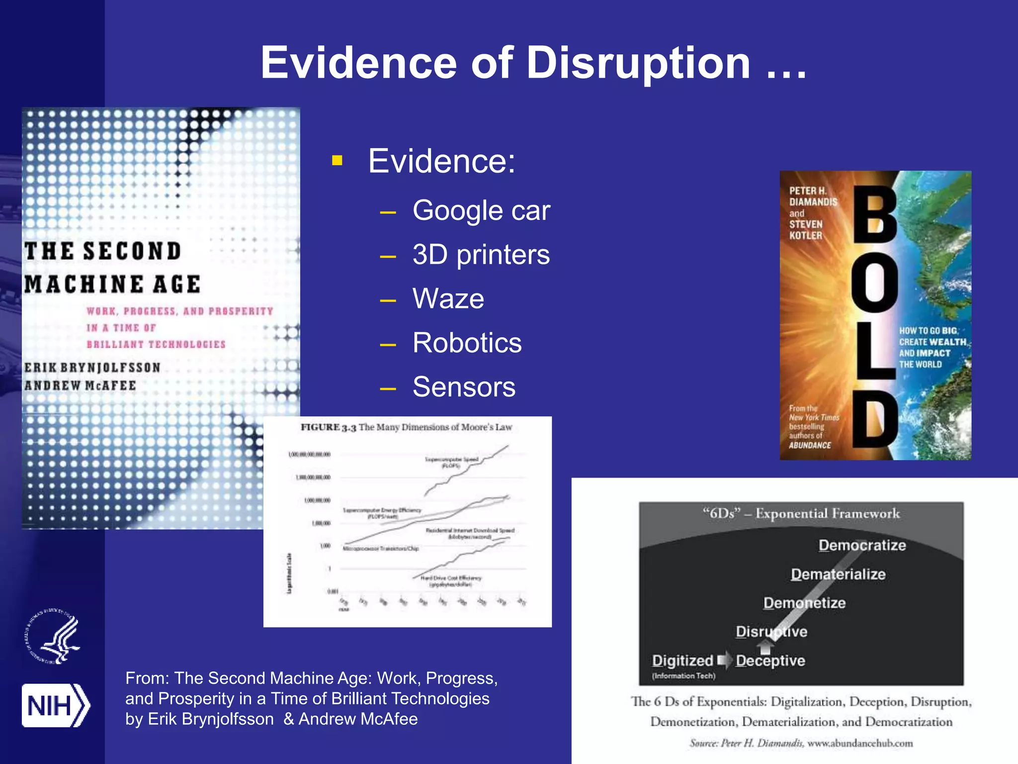 Evidence of Disruption …
 Evidence:
– Google car
– 3D printers
– Waze
– Robotics
– Sensors
From: The Second Machine Age: Work, Progress,
and Prosperity in a Time of Brilliant Technologies
by Erik Brynjolfsson & Andrew McAfee
 