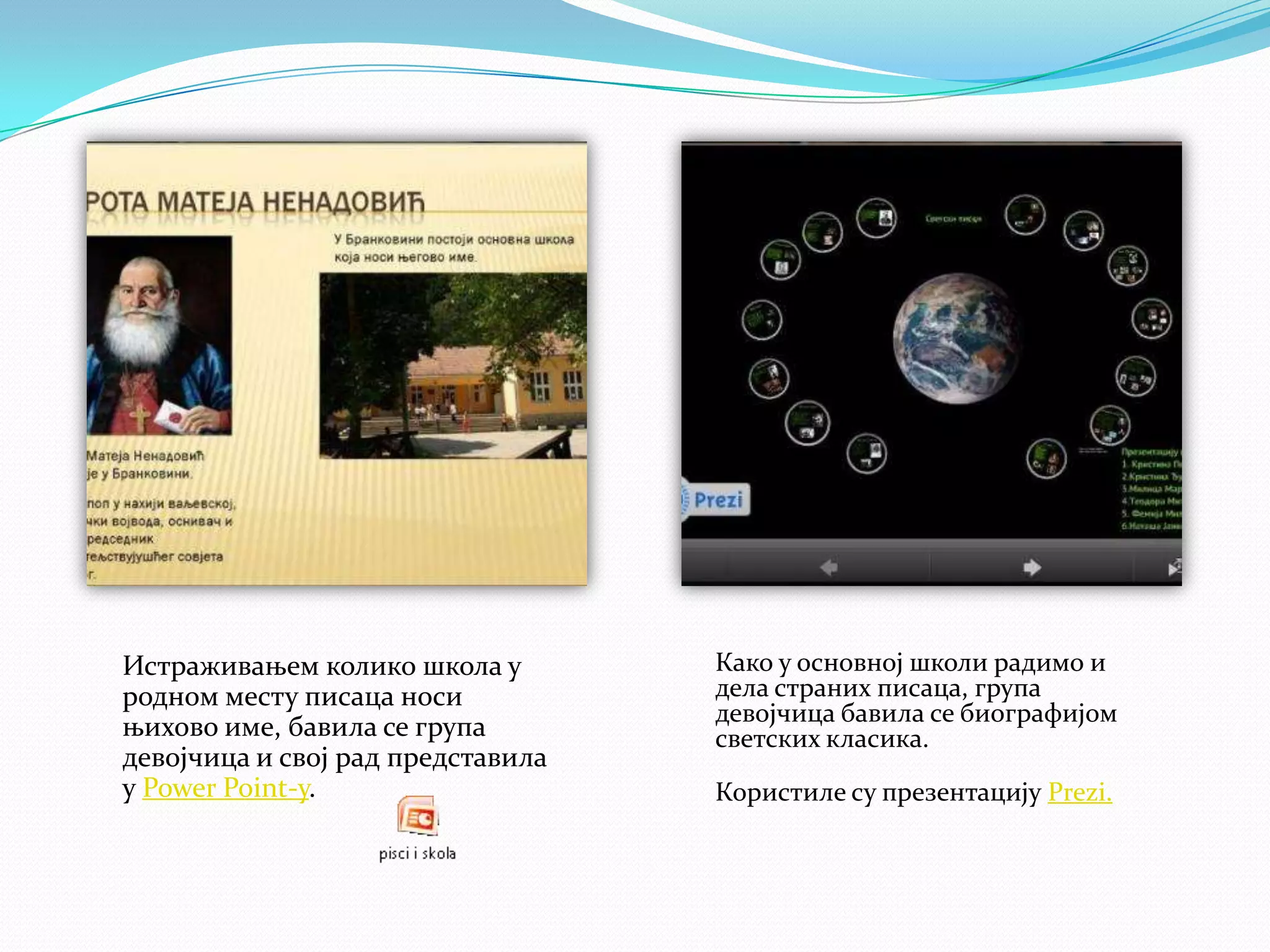 Истраживањем колико школа у
родном месту писаца носи
њихово име, бавила се група
девојчица и свој рад представила
у Power Point-у.

Како у основној школи радимо и
дела страних писаца, група
девојчица бавила се биографијом
светских класика.
Користиле су презентацију Prezi.

 