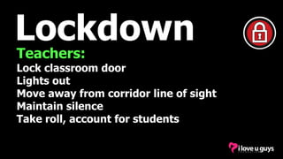 Lockdown
Teachers:
Lock classroom door
Lights out
Move away from corridor line of sight
Maintain silence
Take roll, account for students
 
