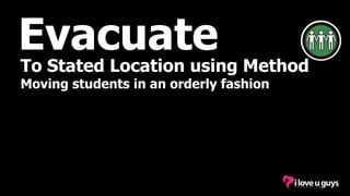 Evacuate
To Stated Location using Method
Moving students in an orderly fashion
 