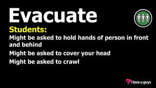Evacuate
Students:
Might be asked to hold hands of person in front
and behind
Might be asked to cover your head
Might be asked to crawl
 