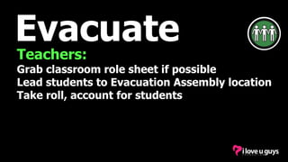 Evacuate
Teachers:
Grab classroom role sheet if possible
Lead students to Evacuation Assembly location
Take roll, account for students
 