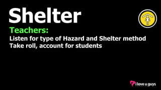 Shelter
Teachers:
Listen for type of Hazard and Shelter method
Take roll, account for students
 