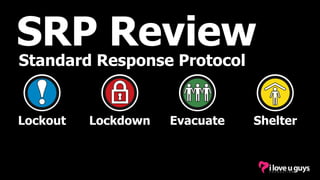 Standard Response Protocol
SRP Review
Lockout Lockdown Evacuate Shelter
 
