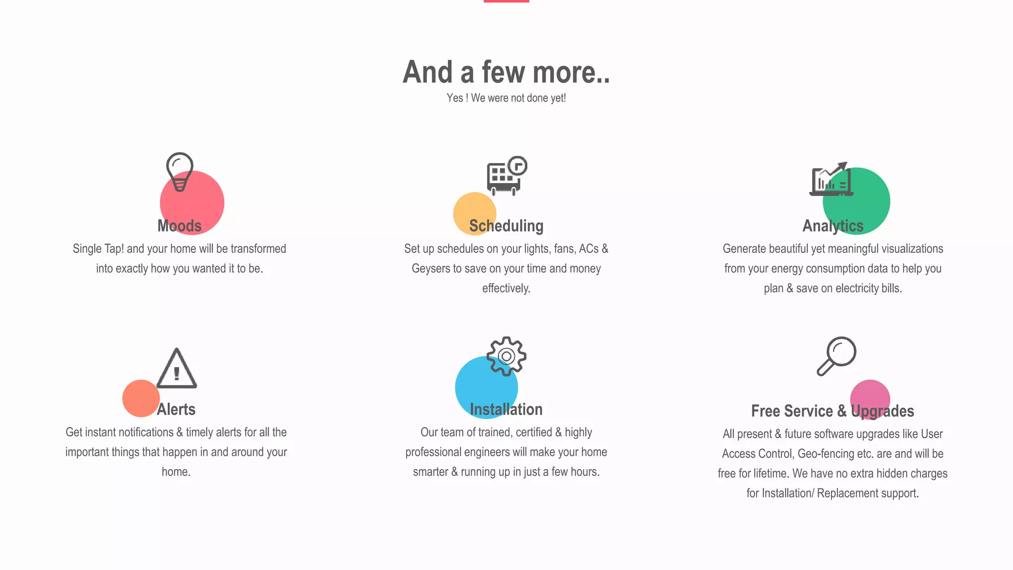 And a few more..
Yes ! We were not done yet!
Moods
Single Tap! and your home will be transformed
into exactly how you wanted it to be.
Alerts
Get instant notifications & timely alerts for all the
important things that happen in and around your
home.
Scheduling
Set up schedules on your lights, fans, ACs &
Geysers to save on your time and money
effectively.
Analytics
Generate beautiful yet meaningful visualizations
from your energy consumption data to help you
plan & save on electricity bills.
Installation
Our team of trained, certified & highly
professional engineers will make your home
smarter & running up in just a few hours.
Free Service & Upgrades
All present & future software upgrades like User
Access Control, Geo-fencing etc. are and will be
free for lifetime. We have no extra hidden charges
for Installation/ Replacement support.
 