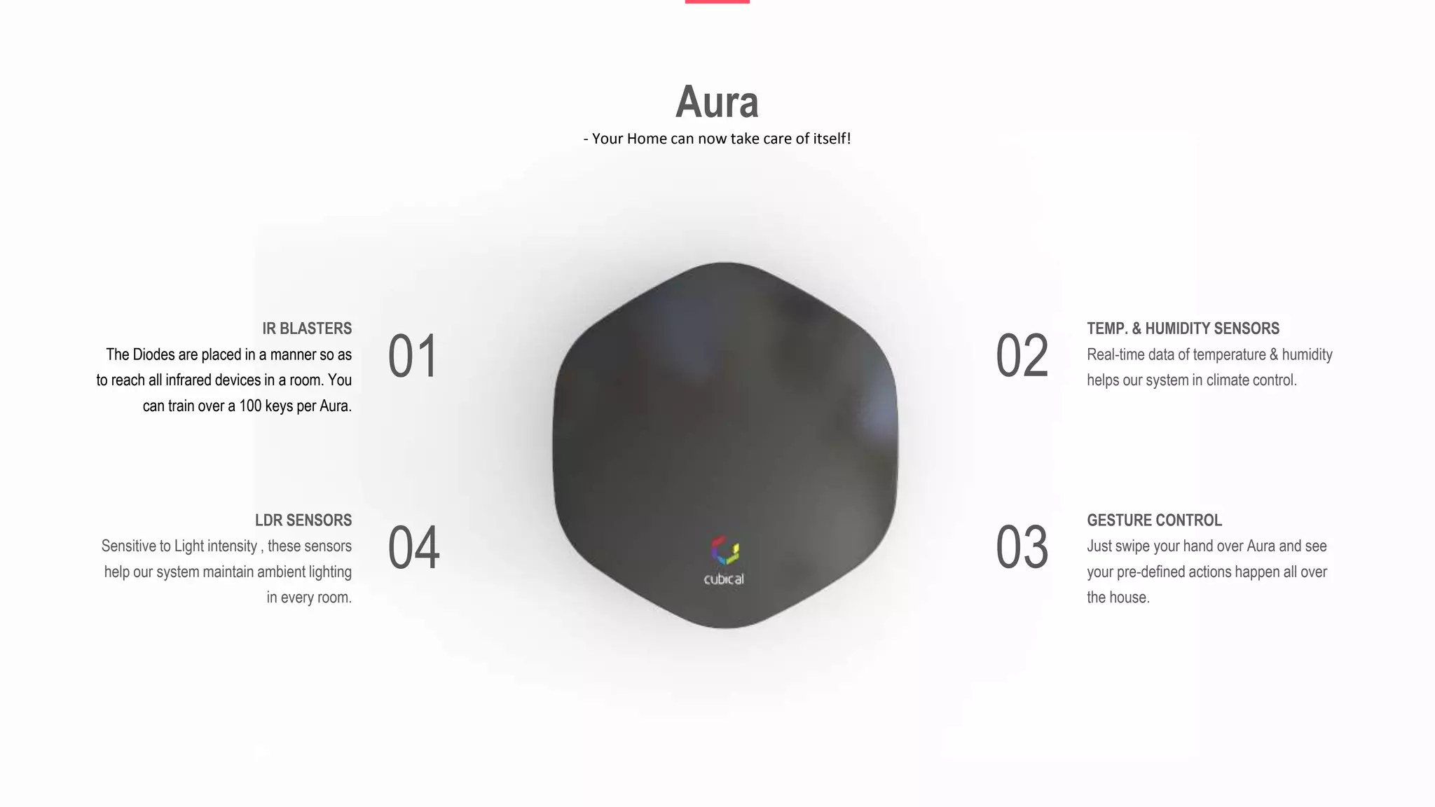 Aura
- Your Home can now take care of itself!
02
TEMP. & HUMIDITY SENSORS
Real-time data of temperature & humidity
helps our system in climate control.
03
GESTURE CONTROL
Just swipe your hand over Aura and see
your pre-defined actions happen all over
the house.
01
IR BLASTERS
The Diodes are placed in a manner so as
to reach all infrared devices in a room. You
can train over a 100 keys per Aura.
04
LDR SENSORS
Sensitive to Light intensity , these sensors
help our system maintain ambient lighting
in every room.
 