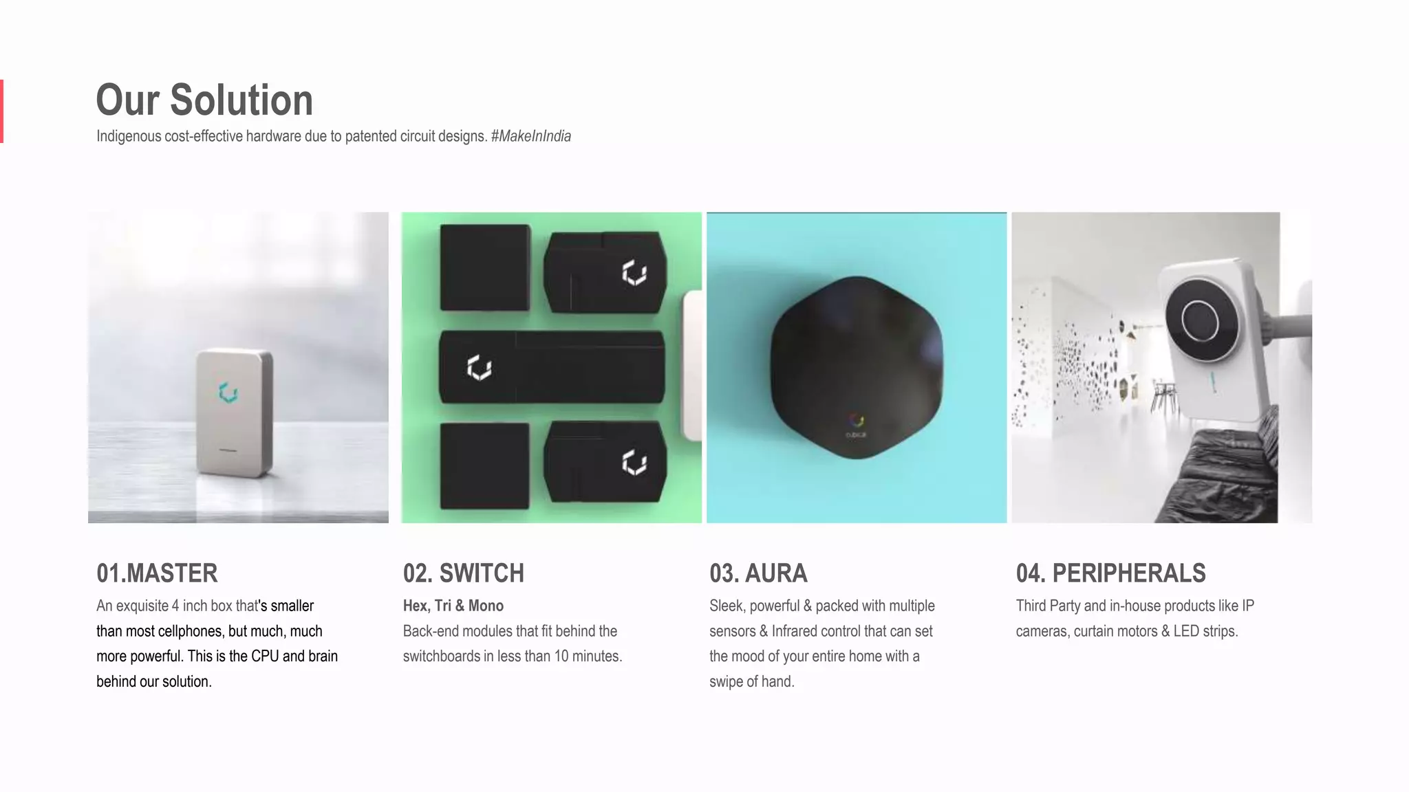 Our Solution
Indigenous cost-effective hardware due to patented circuit designs. #MakeInIndia
01.MASTER
An exquisite 4 inch box that's smaller
than most cellphones, but much, much
more powerful. This is the CPU and brain
behind our solution.
04. PERIPHERALS
Third Party and in-house products like IP
cameras, curtain motors & LED strips.
02. SWITCH
Hex, Tri & Mono
Back-end modules that fit behind the
switchboards in less than 10 minutes.
03. AURA
Sleek, powerful & packed with multiple
sensors & Infrared control that can set
the mood of your entire home with a
swipe of hand.
 