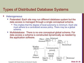 Slide 25- 20
Copyright © 2007 Ramez Elmasri and Shamkant B. Navathe
Types of Distributed Database Systems
 Heterogeneous
 Federated: Each site may run different database system but the
data access is managed through a single conceptual schema.

This implies that the degree of local autonomy is minimum. Each site
must adhere to a centralized access policy. There may be a global
schema.
 Multidatabase: There is no one conceptual global schema. For
data access a schema is constructed dynamically as needed by
the application software.
Communications
network
Site 5
Site 1
Site 2
Site 3
Network
DBMS
Relational
Site 4
Object
Oriented
Linux
Linux
Unix
Hierarchical
Object
Oriented
Relational
Unix
Window
 