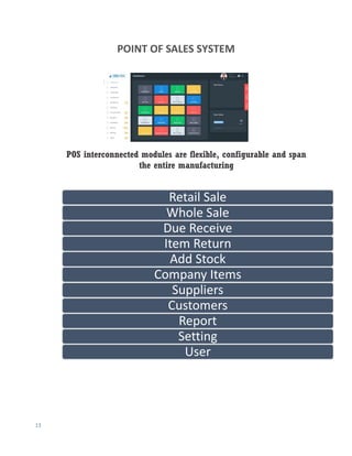 13
POINT OF SALES SYSTEM
POS interconnected modules are flexible, configurable and span
the entire manufacturing
Retail Sale
Whole Sale
Due Receive
Item Return
Add Stock
Company Items
Suppliers
Customers
Report
Setting
User
 