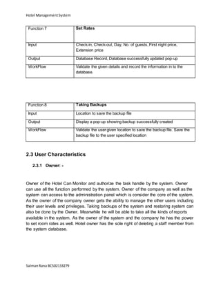 Hotel ManagementSystem
SalmanRana BCS02133279
Function 7 Set Rates
Input Check-in, Check-out, Day, No. of guests, First night price,
Extension price
Output Database Record, Database successfully updated pop-up
WorkFlow Validate the given details and record the information in to the
database.
Function 8 Taking Backups
Input Location to save the backup file
Output Display a pop-up showing backup successfully created
WorkFlow Validate the user given location to save the backup file. Save the
backup file to the user specified location
2.3 User Characteristics
2.3.1 Owner: -
Owner of the Hotel Can Monitor and authorize the task handle by the system. Owner
can use all the function performed by the system. Owner of the company as well as the
system can access to the administration panel which is consider the core of the system.
As the owner of the company owner gets the ability to manage the other users including
their user levels and privileges. Taking backups of the system and restoring system can
also be done by the Owner. Meanwhile he will be able to take all the kinds of reports
available in the system. As the owner of the system and the company he has the power
to set room rates as well. Hotel owner has the sole right of deleting a staff member from
the system database.
 