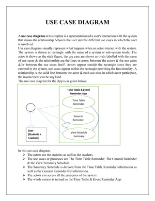 USE CASE DIAGRAM
A use case diagram at its simplest is a representation of a user's interaction with the system
that shows the relationship between the user and the different use cases in which the user
is involved.
Use case diagram visually represent what happens when an actor interact with the system.
The system is shown as rectangle with the name of a system or sub-system inside. The
actor is shown as the stick figure, the use case are shown as ovals labelled with the name
of use cases & the relationship are the lines or arrow between the actors & the use cases
&/or between the use cases itself. Actors appear outside the rectangle since they are
external to the system, use cases appear within the rectangle providing the functionality. A
relationship is the solid line between the actor & each use case in which actor participate,
the involvement can be any kind.
The use case diagram for the App is as given below:
In this use case diagram,
 The actors are the students as well as the teachers.
 The use cases or processes are The Time Table Reminder, The General Reminder
& the View Summary Schedule.
 The Summary Schedule is derived from the Time Table Reminder information as
well as the General Reminder fed information.
 The actors can access all the processes of the system.
 The whole system is termed as the Time Table & Event Reminder App.
Time Table
Reminder
General
Reminder
View Schedule
Summary
User
(Students +
Teachers)
Time Table & Event
Reminder App
 