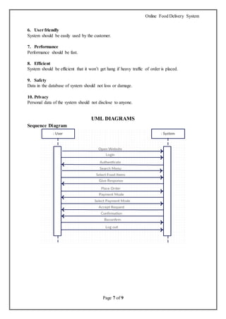 Online Food Delivery System
Page 7 of 9
6. User friendly
System should be easily used by the customer.
7. Performance
Performance should be fast.
8. Efficient
System should be efficient that it won’t get hang if heavy traffic of order is placed.
9. Safety
Data in the database of system should not loss or damage.
10. Privacy
Personal data of the system should not disclose to anyone.
UML DIAGRAMS
Sequence Diagram
 