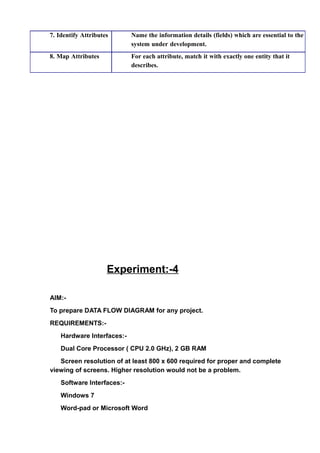 7. Identify Attributes Name the information details (fields) which are essential to the
system under development.
8. Map Attributes For each attribute, match it with exactly one entity that it
describes.
Experiment:-4
AIM:-
To prepare DATA FLOW DIAGRAM for any project.
REQUIREMENTS:-
Hardware Interfaces:-
Dual Core Processor ( CPU 2.0 GHz), 2 GB RAM
Screen resolution of at least 800 x 600 required for proper and complete
viewing of screens. Higher resolution would not be a problem.
Software Interfaces:-
Windows 7
Word-pad or Microsoft Word
 
